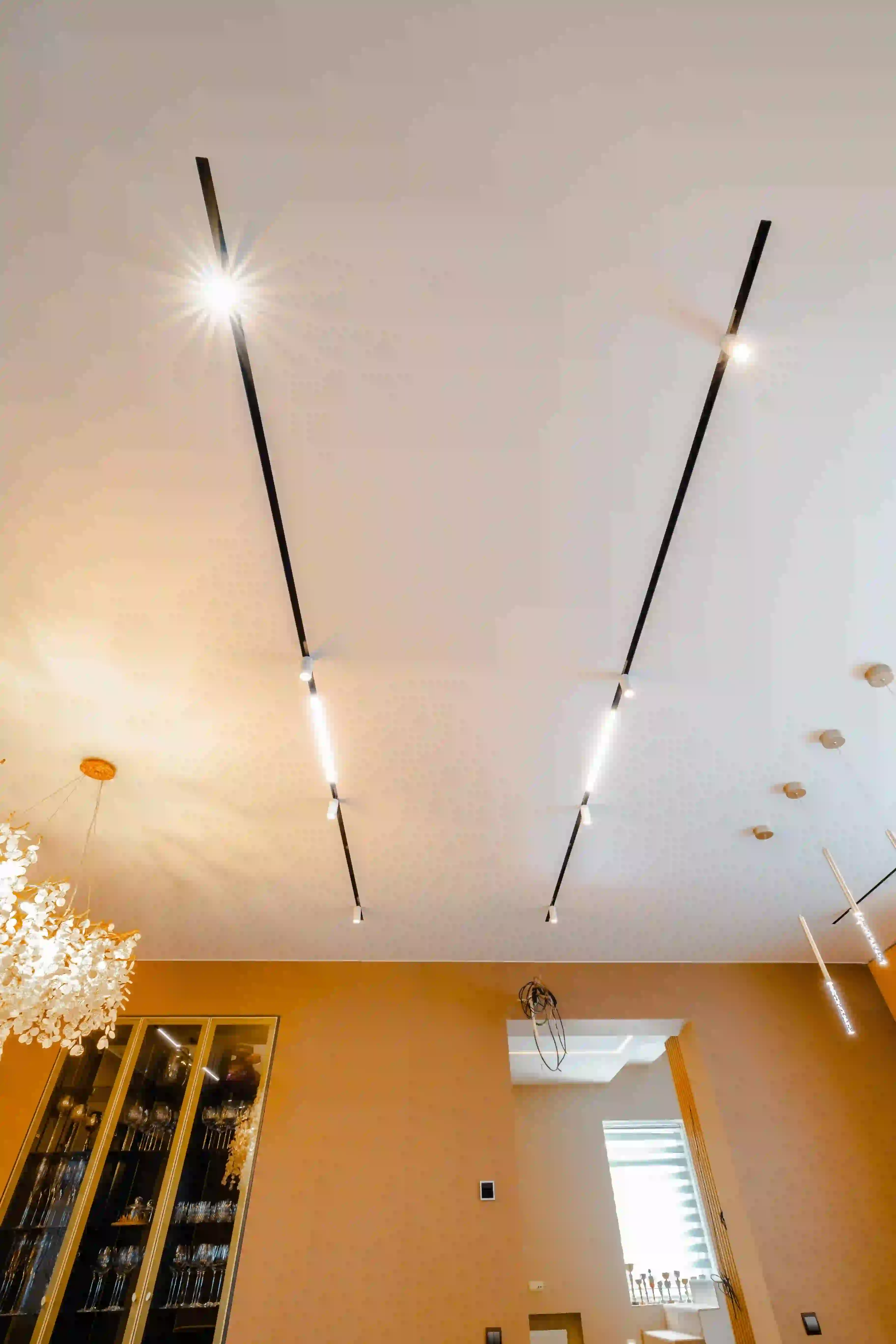 Матовый натяжной потолок в гостиной с трековым освещением и люстрами