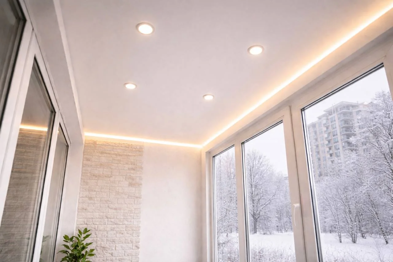 Парящий натяжной белый матовый потолок на балкон